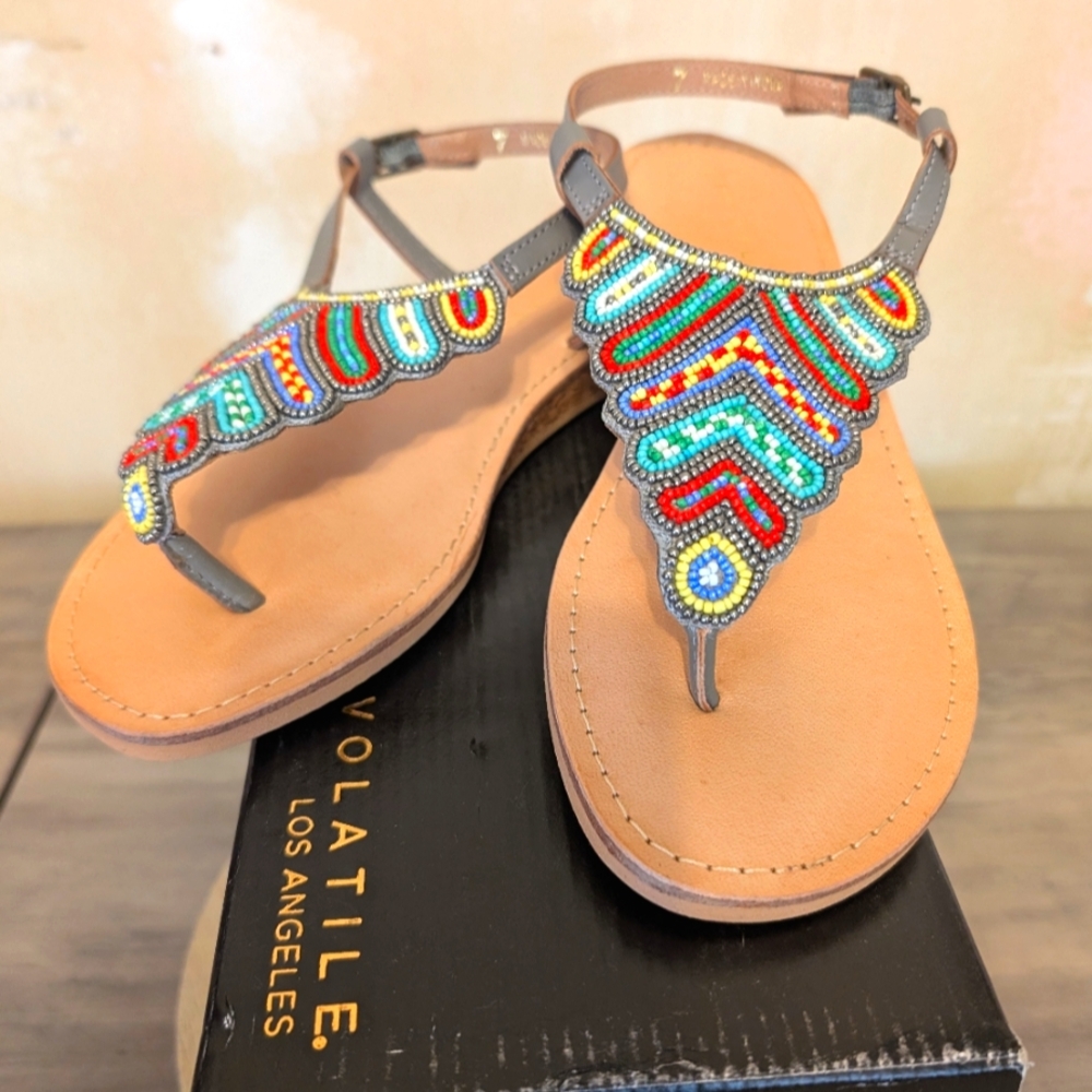 Volatile Sandals Women's 7 Beaded Multicolor Thongs Ankle Buckle Nib